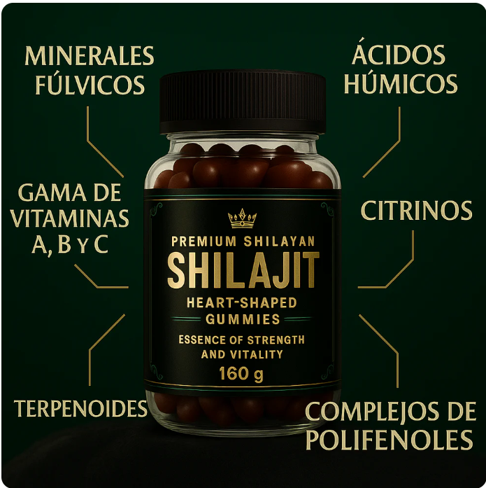 Shilajit Vive ama ➡️ Resalta la forma del corazón y el beneficio emocional + físico.